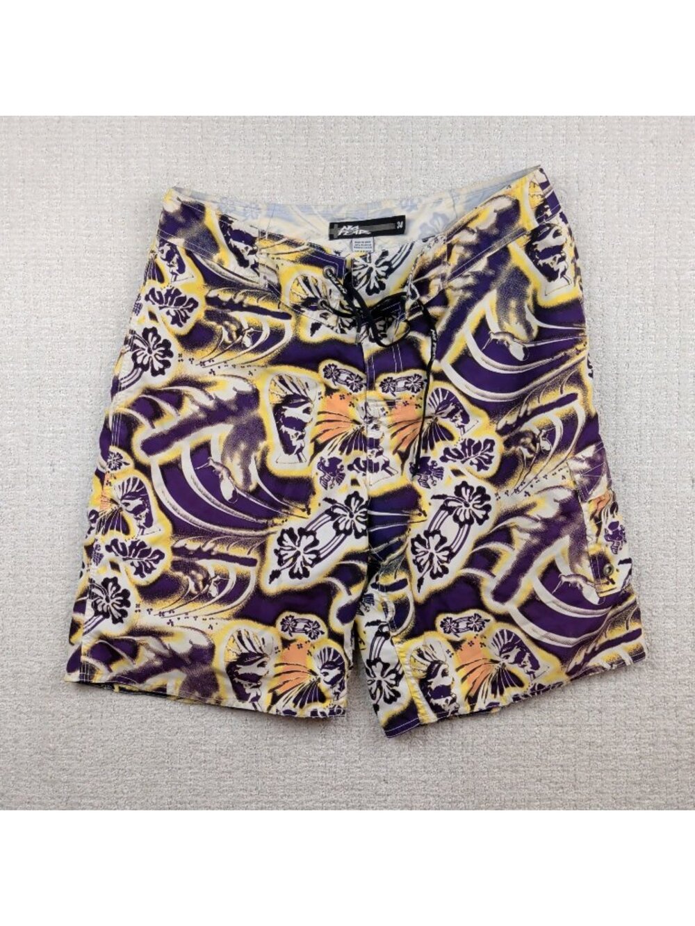 Vintage Y2K No Fear Board Shorts Mens 34 Surf Swim Trunks Yellow Purple Tiki
